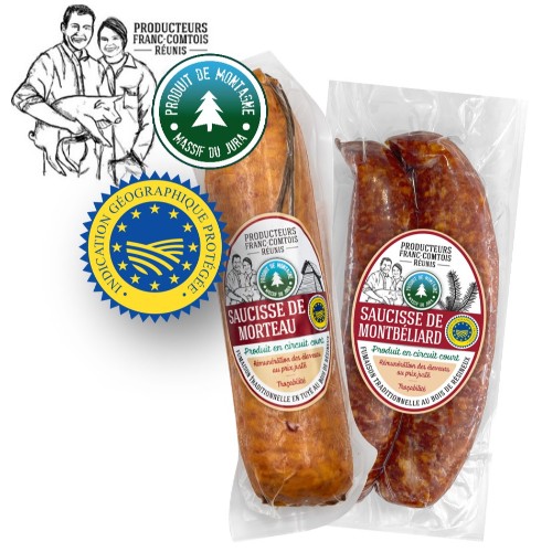Saucisse de Morteau IGP et Saucisse de Montbéliard IGP - Producteur Franc-Comtois Réunis - Produit de Montagne