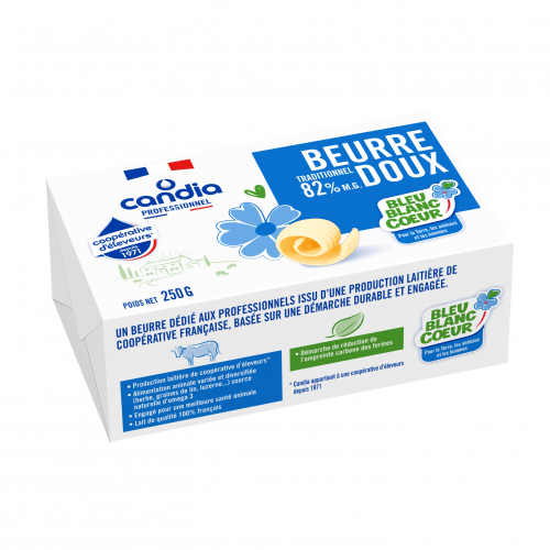 Beurre doux 82% mg Bleu-Blanc-Cœur – plaquette 250g – Candia Professionnel