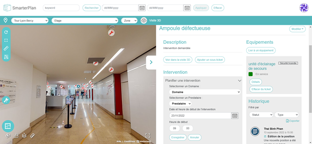 Une demande d'intervention peut être générée directement depuis la vue immersive