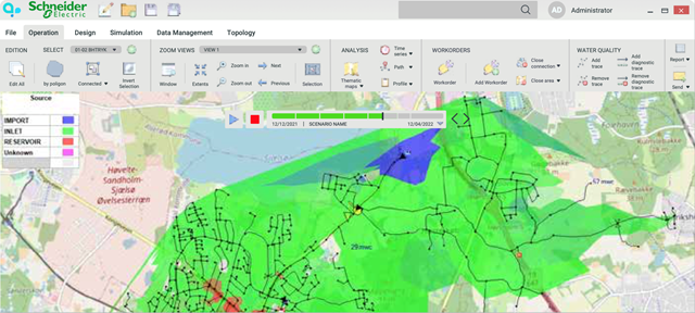 Interface du jumeau numérique EcoStruxure Water Simulation proposant différentes variables de simulation ©Schneider Electric
