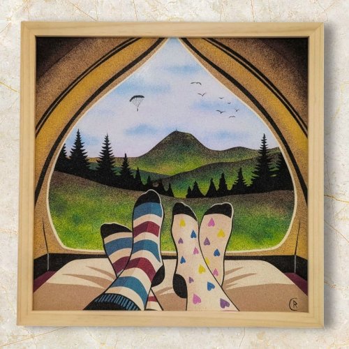 Tableau en sable : Parenthèse au pied des volcans