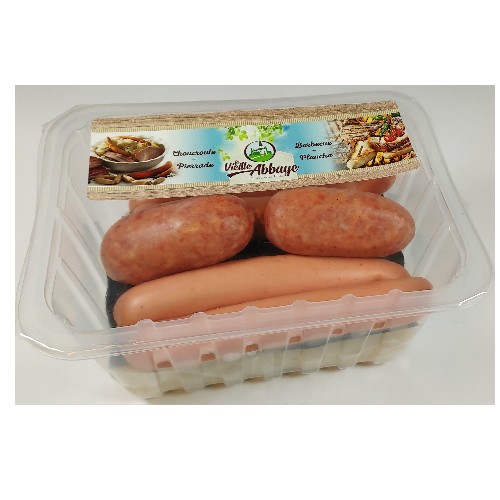 kit 700G:  2 mini polonais 100gr, 2 frankfort 100gr, lard cuit 100gr et choucroute cuite 400gr